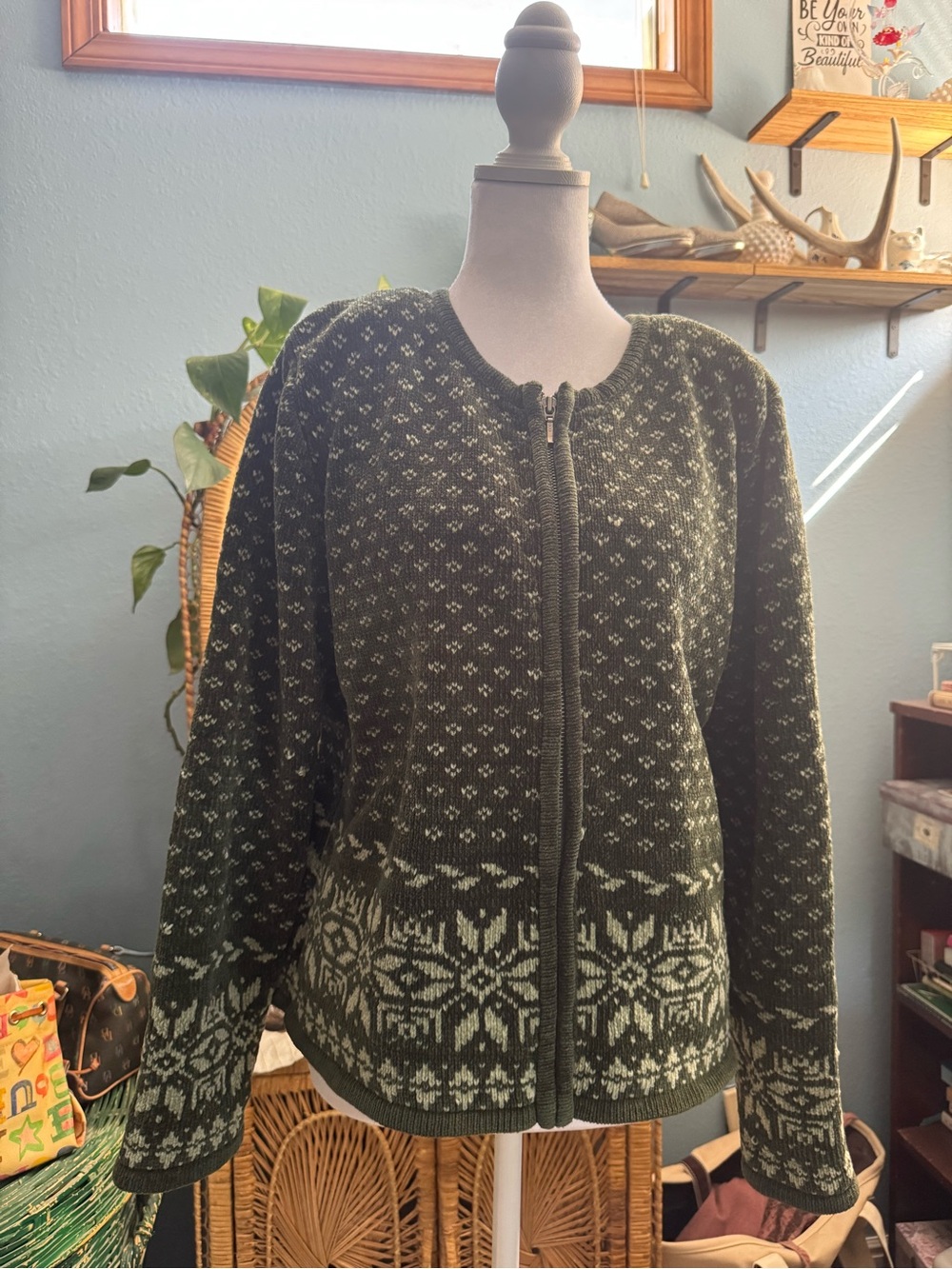 VTG 2003 Y2K SZ L Christopher & Banks Fair Isle Zip Up Knit Sweater Green Cream